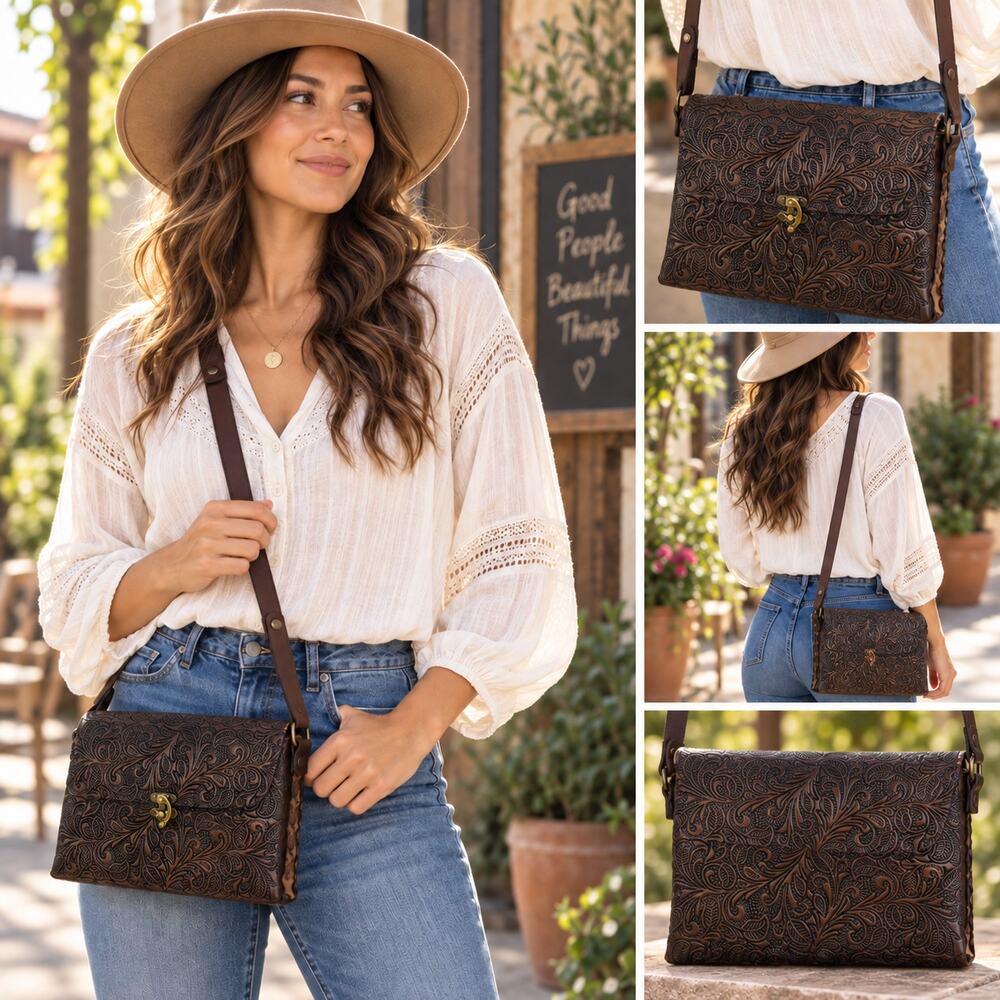 Mexican Tooled Leather Crossbody Bag Brown Floral Boho Western Purse New